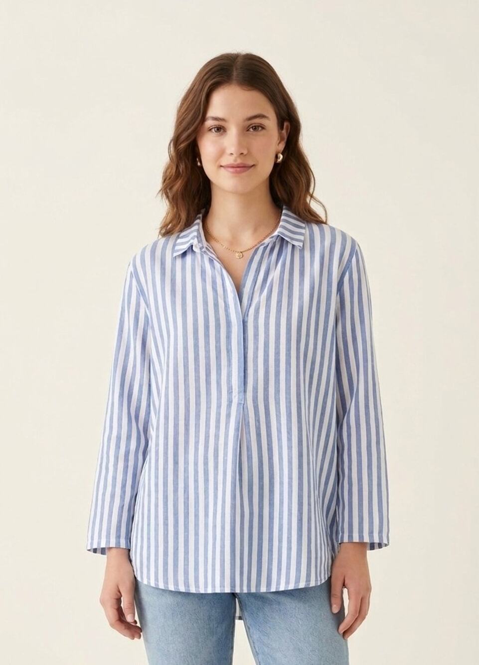 AYR Linen Blue Stripe Long Sleeve Top Shirt Medium